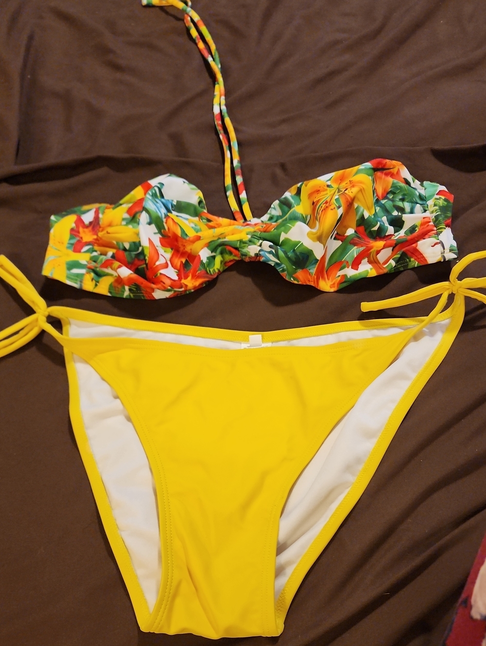 Yellow Bikini Set with Tropical Floral Bandeau Top